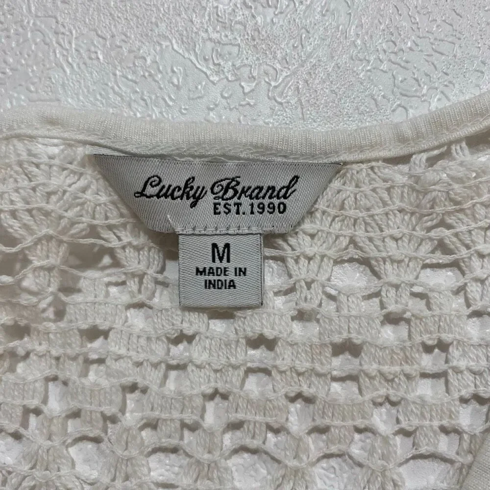 Lucky Brand Crochet Lace Top Medium Boho Ivory Short Sleeve Blouse